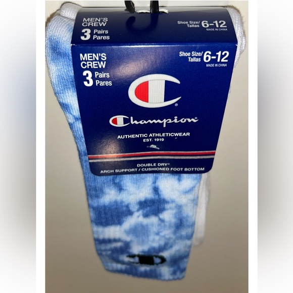 Champion Crew Sock 3 Pair Men’s 6-12 Blue White Tie Dye w Logos Cushioned NEW$17 - Picture 12 of 12